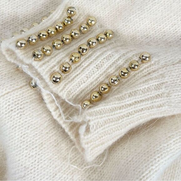 Vintage Eddie Dassin Ivory Gold Beaded Lambswool Angora Crew Sweater Size Large - Picture 6 of 9